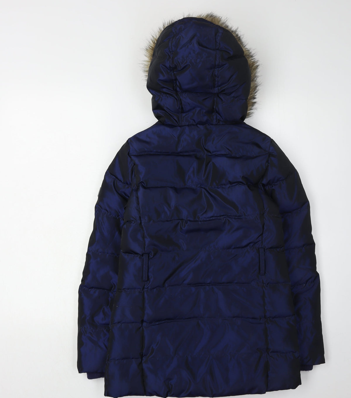 Back view of Gap girls’ blue puffer jacket 11 years winter hooded