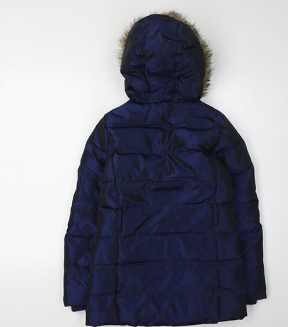 Back view of Gap girls’ blue puffer jacket 11 years winter hooded