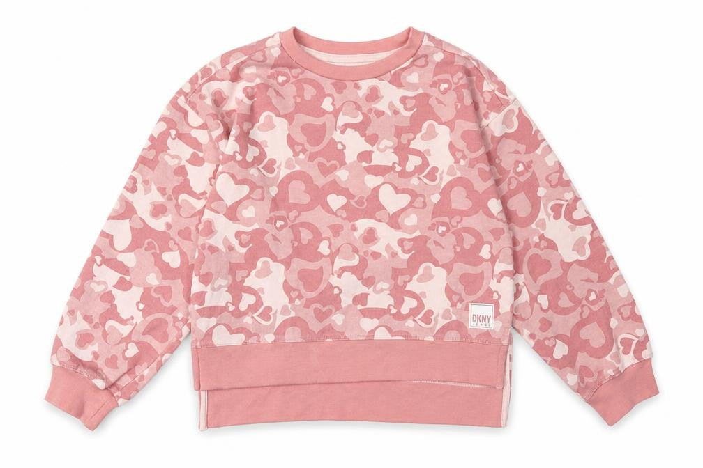 Front view of DKNY girls’ pink heart sweatshirt -, size S, casual style