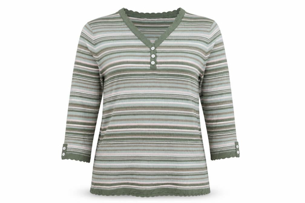 Eastex Women's Green Striped Henley Jumper Size 10