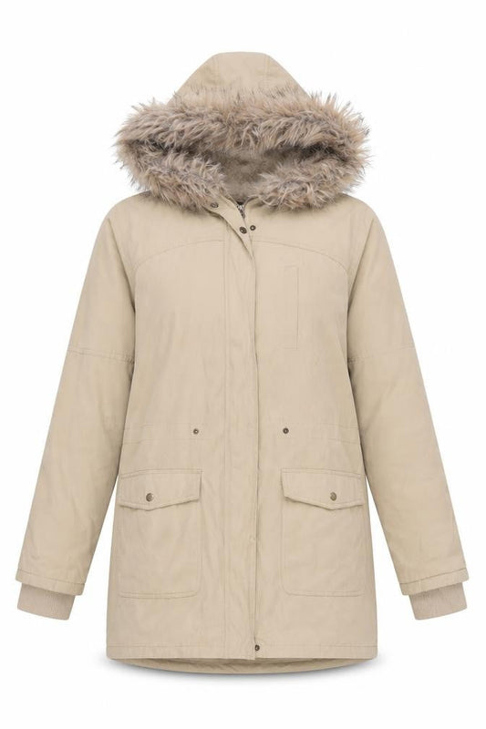 Oasis Women's Beige Parka Coat with Fur Trim Hood L