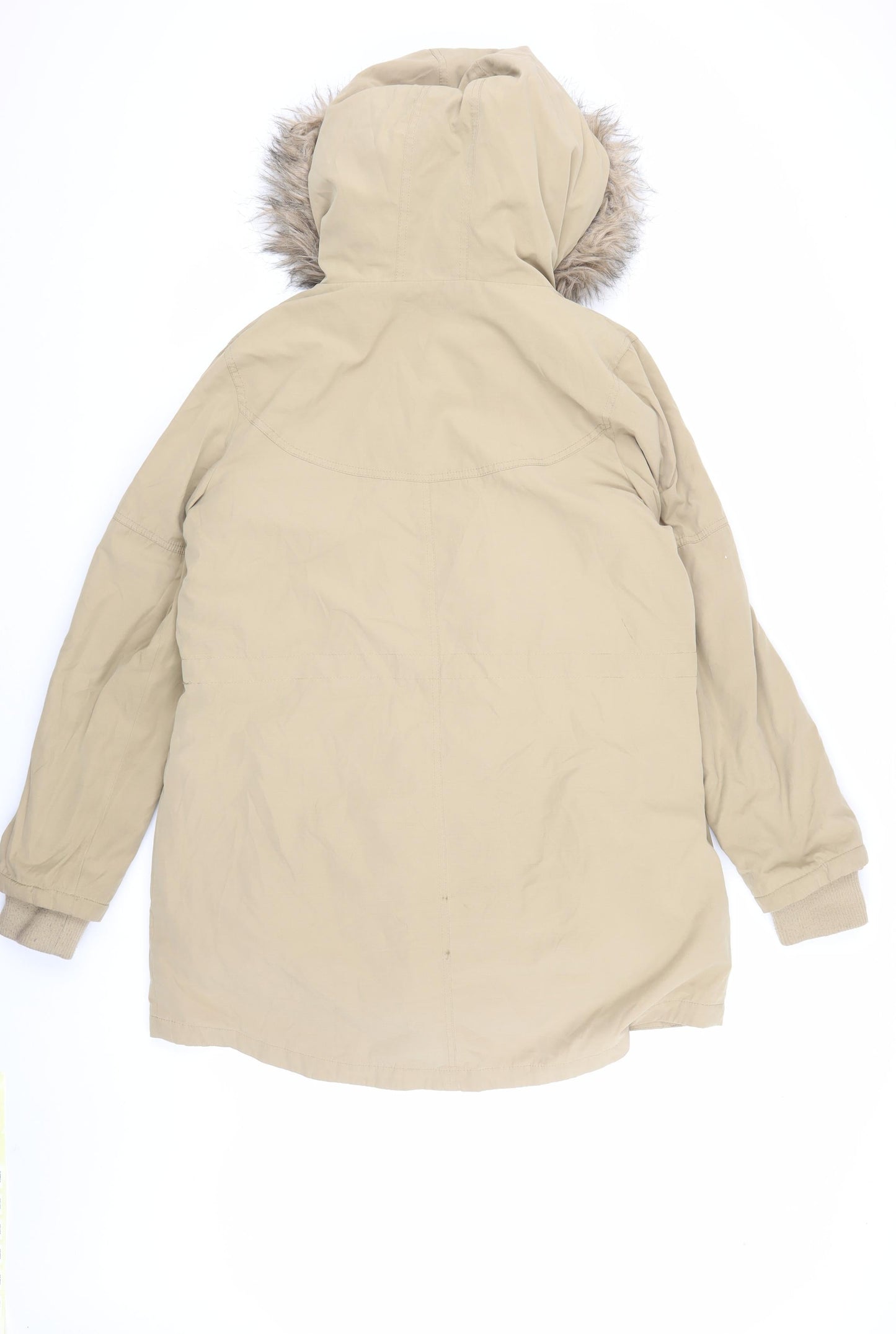 Oasis Women's Beige Parka Coat with Fur Trim Hood L