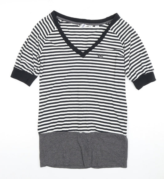 Adidas Women's Black/White Striped V-Neck T-Shirt Size 8
