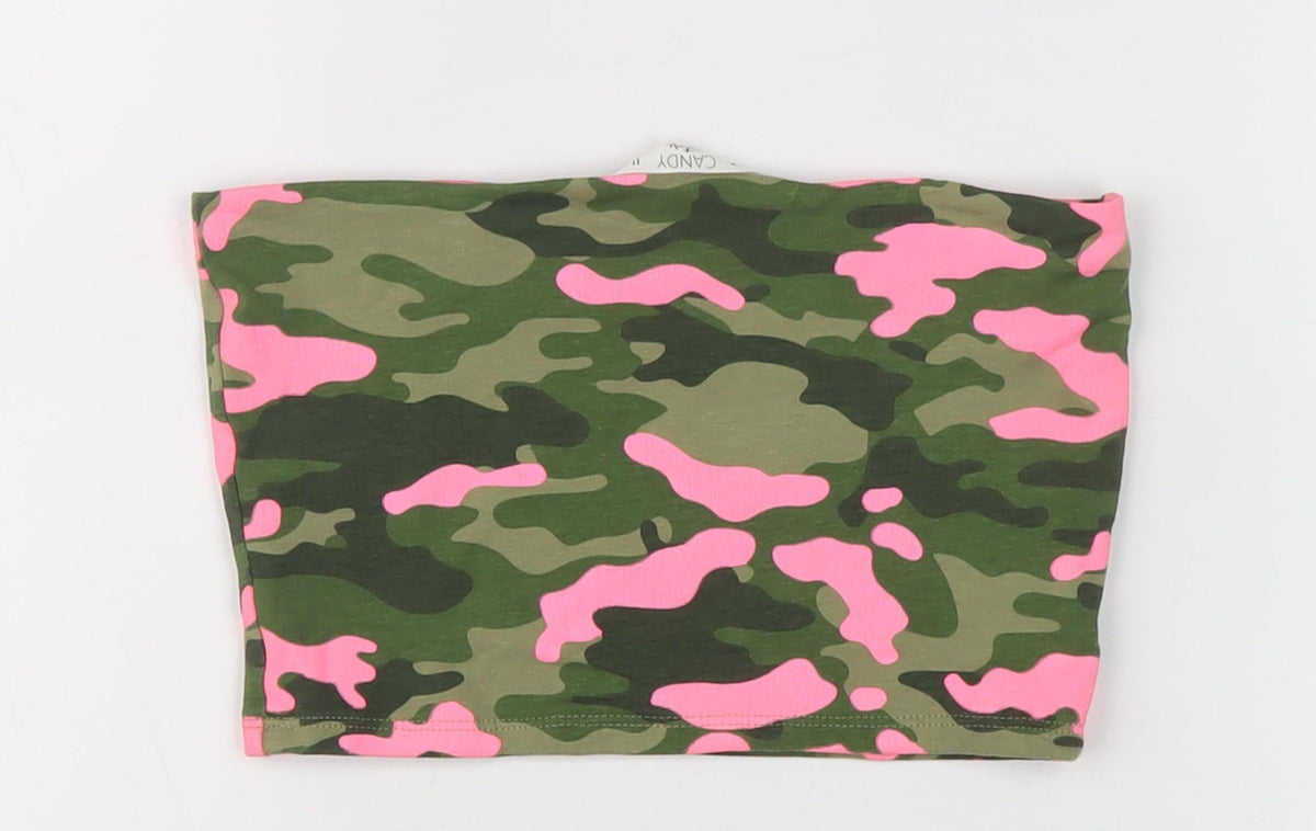 Back view of Candy Couture girls’ green pink camouflage t-shirt, size 11-12