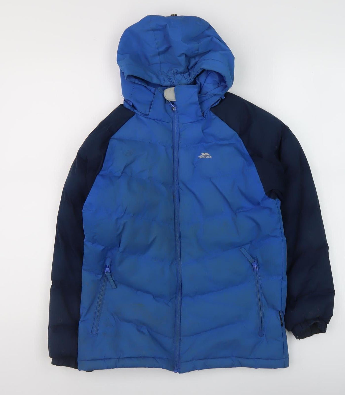 Additional front view of Trespass boys’ blue puffer jacket waterproof 9-10 years