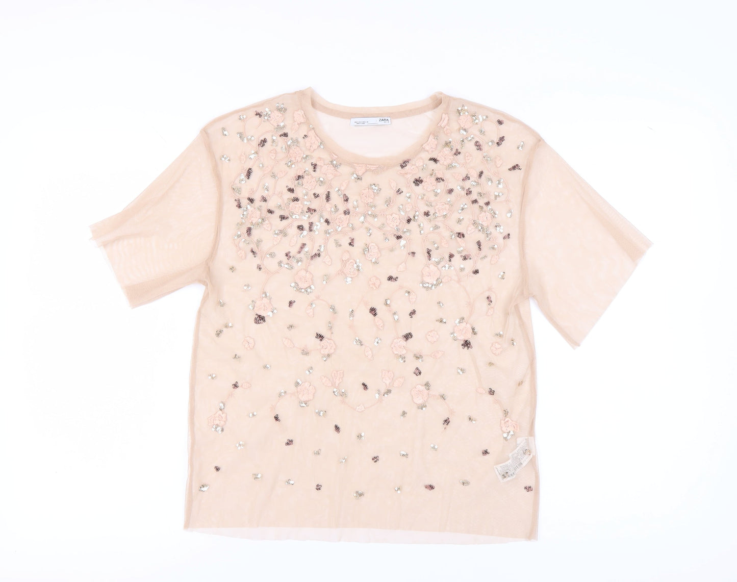 Zara Women's Beige T-Shirt with Floral Embroidery, Size 8
