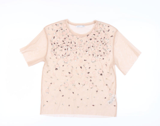 Zara Women's Beige T-Shirt with Floral Embroidery, Size 8