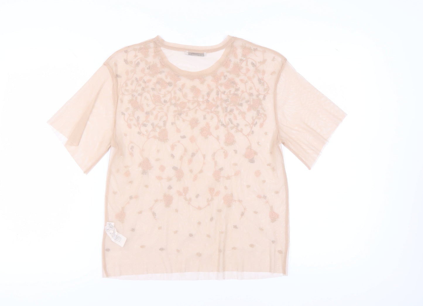Zara Women's Beige T-Shirt with Floral Embroidery, Size 8