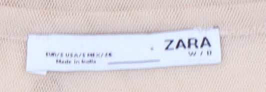 Zara Women's Beige T-Shirt with Floral Embroidery, Size 8