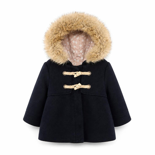 Zara Unisex Baby Black Duffle Coat 6-9M Fur Trimmed