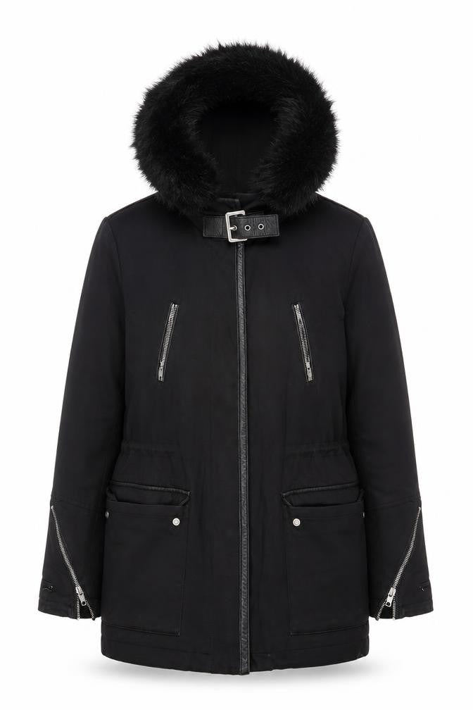 Maje Women's Black Hooded Coat Size 8 with Fur Trim