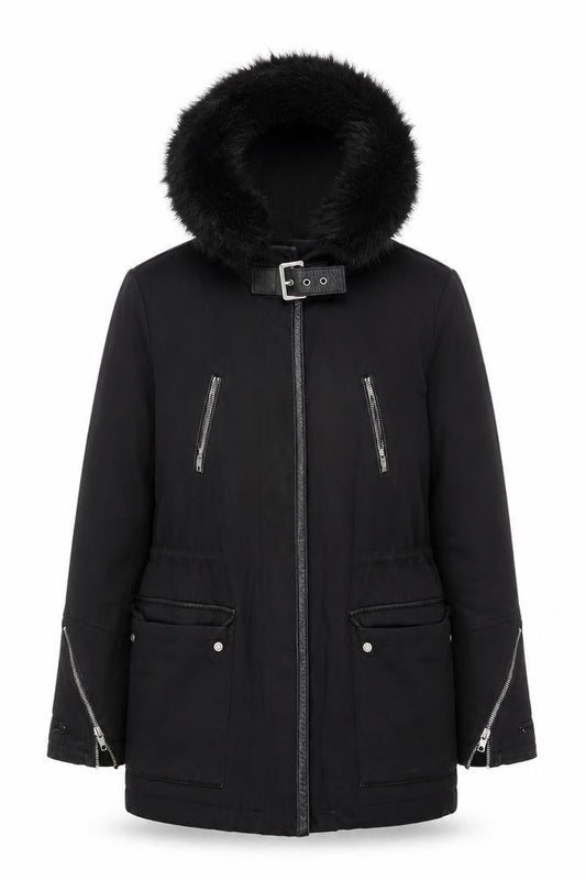 Maje Women's Black Hooded Coat Size 8 with Fur Trim