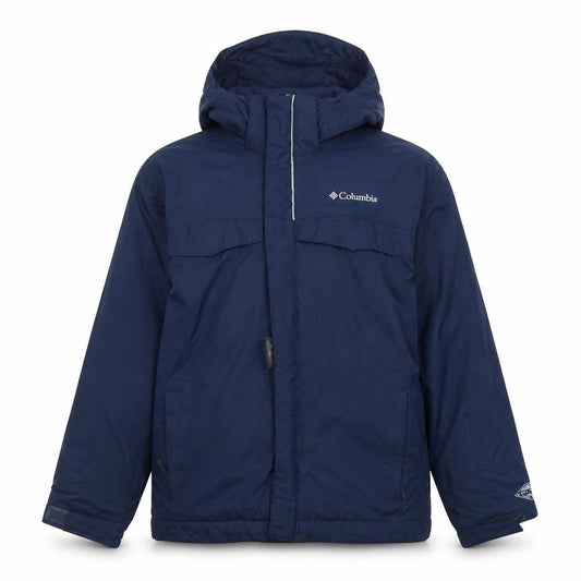 Front view of Columbia boys’ blue hooded parka jacket small winter