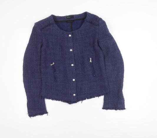 Benetton Women's Blue Bouclé Blazer, Size 12, Classic Fit