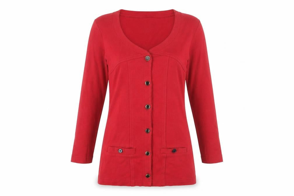 Pamplemousse Women's Red Button-Up Long Sleeve Top