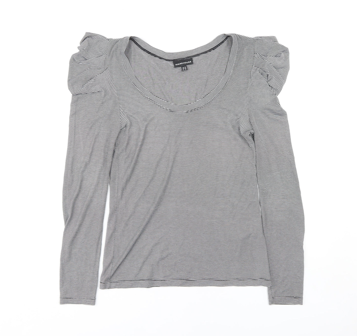Warehouse Women's Grey Striped V-Neck Top - Size 12