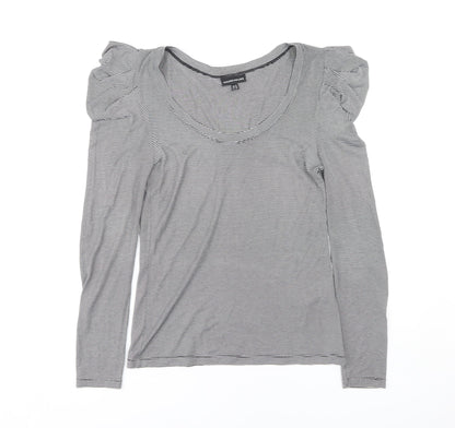 Warehouse Women's Grey Striped V-Neck Top - Size 12