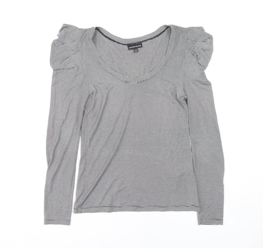 Warehouse Women's Grey Striped V-Neck Top - Size 12