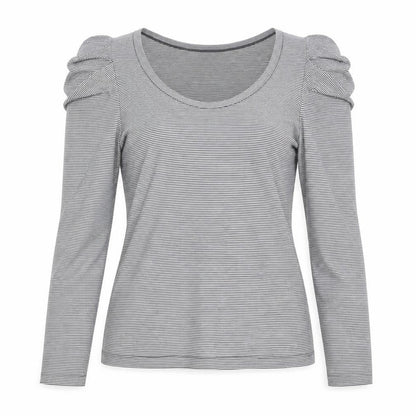 Warehouse Women's Grey Striped V-Neck Top - Size 12