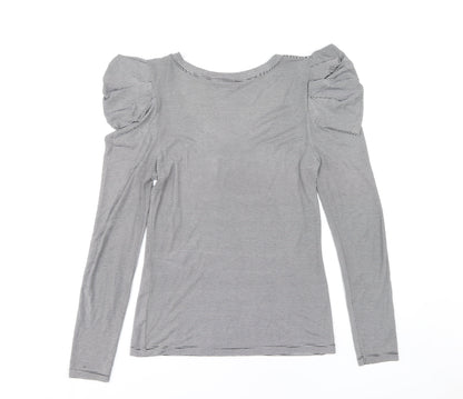 Warehouse Women's Grey Striped V-Neck Top - Size 12