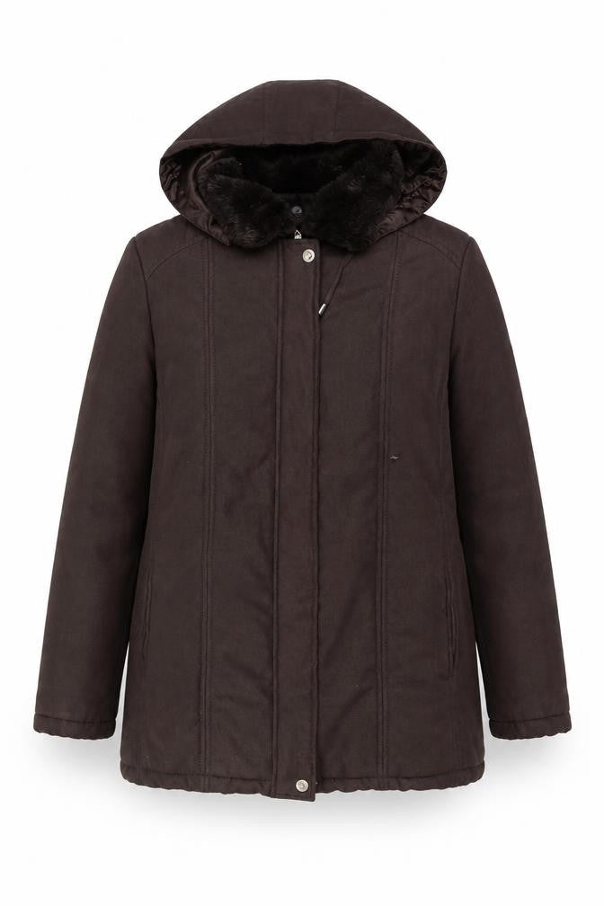 SM Collection Women's Brown Hooded Coat L Fur Trim