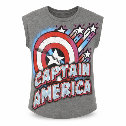 Front view of Disney girls’ grey captain america sleeveless t-shirt 7-8 years