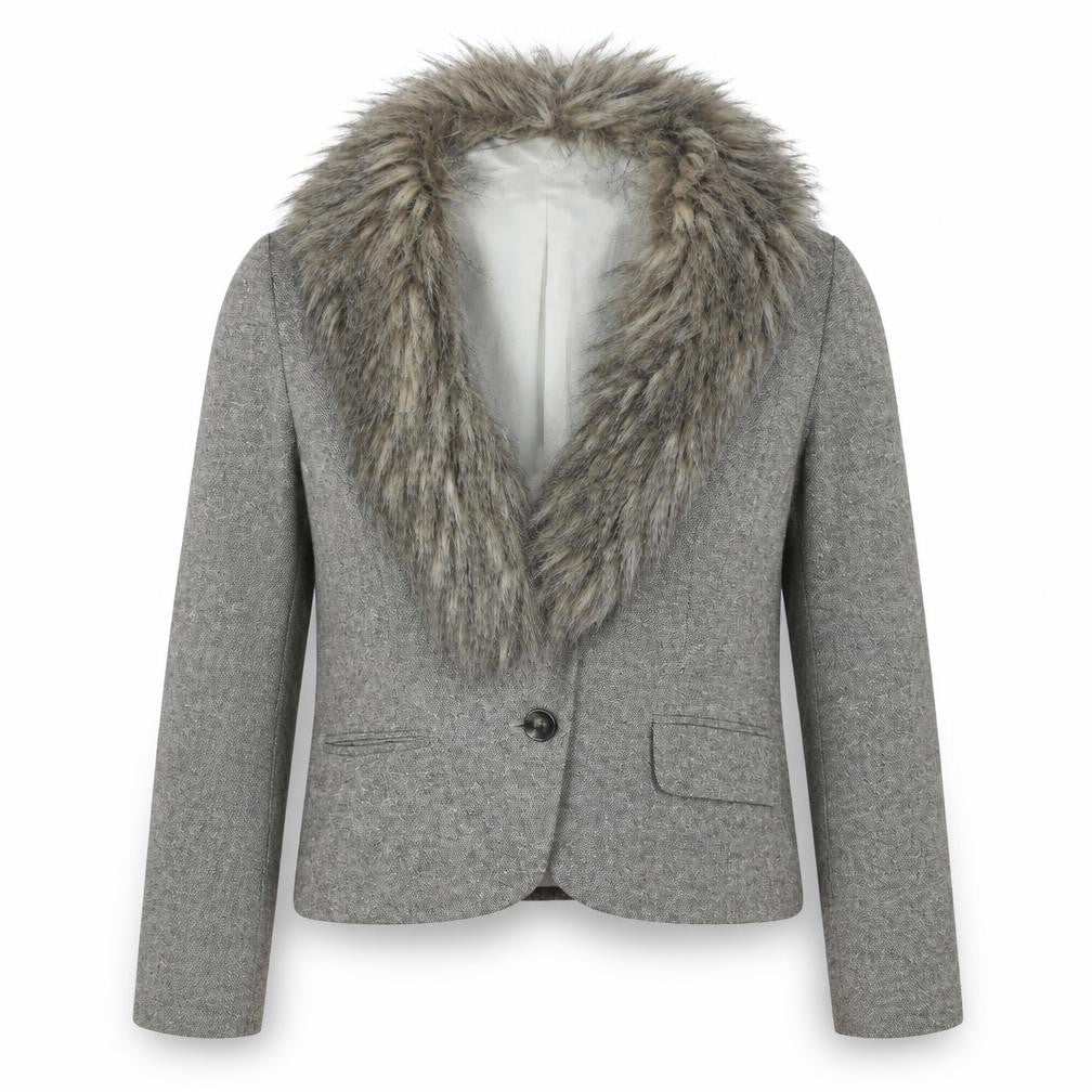 Planet Women's Grey Fur Trim Tweed Jacket Size 14