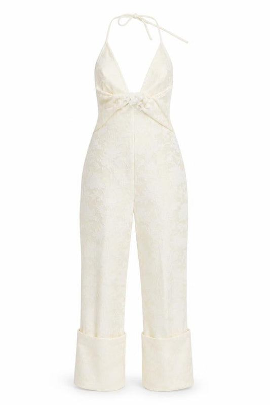 Front view of PRETTYLITTLETHING White Floral Halter Jumpsuit, size 12