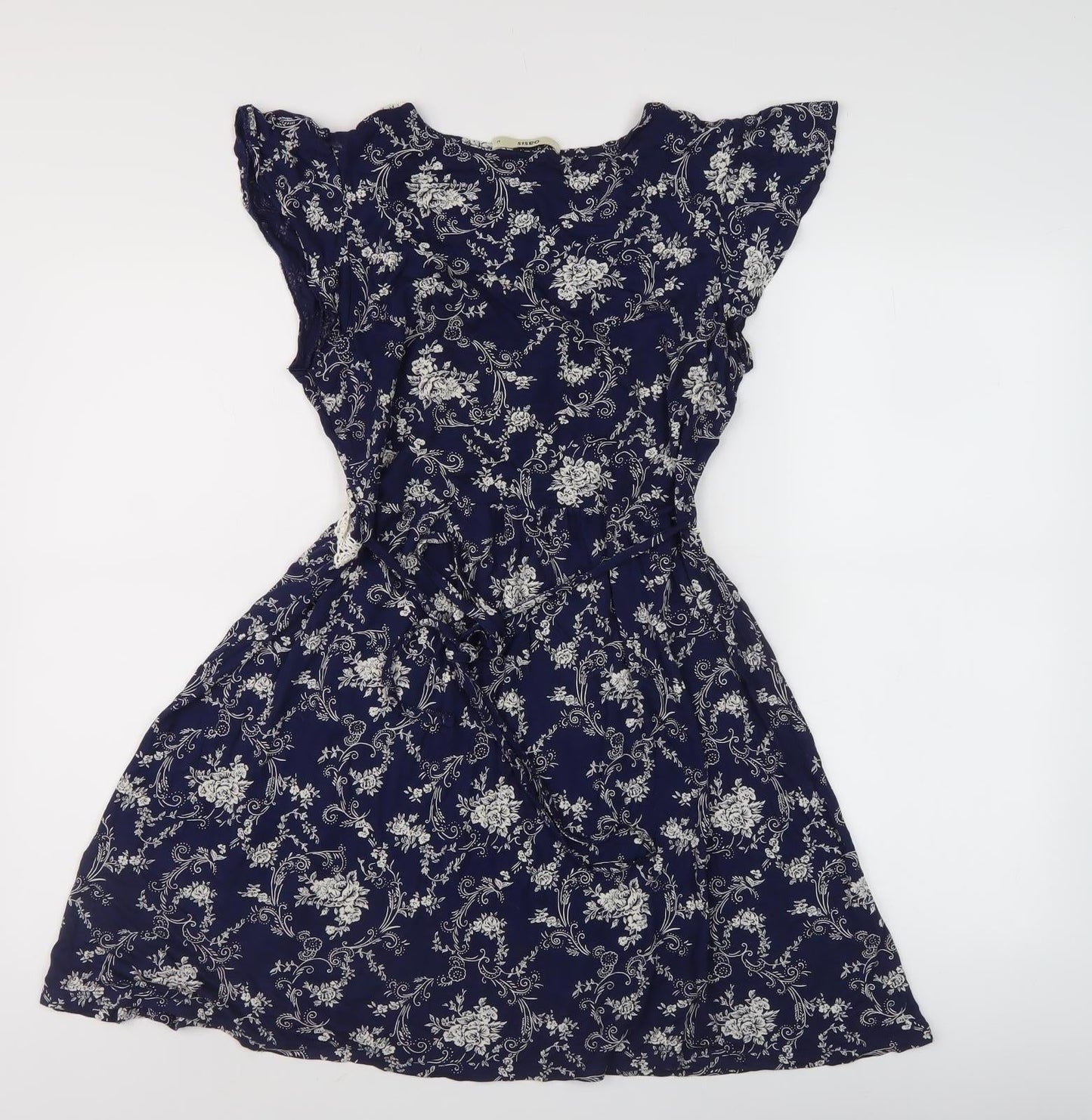 Oasis Women's Blue A-Line Floral V-Neck Dress Size M