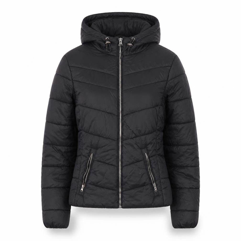 Bershka Women's Black Puffer Jacket, Size S, Hooded Zip