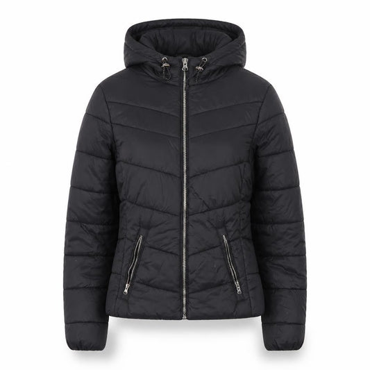 Bershka Women's Black Puffer Jacket, Size S, Hooded Zip