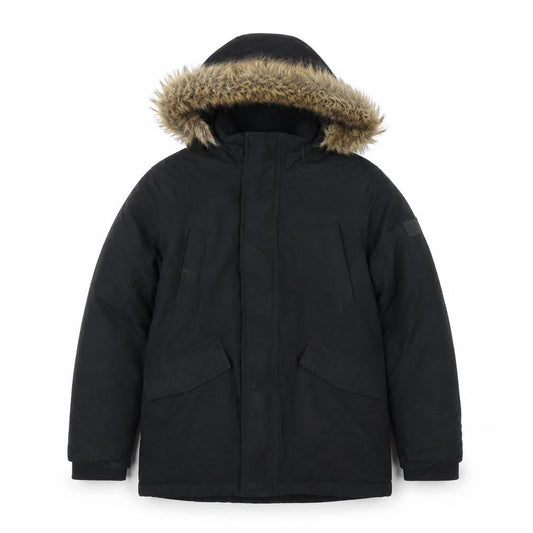 Front view of Jack & Jones boys’ black parka coat 12 years winter lined