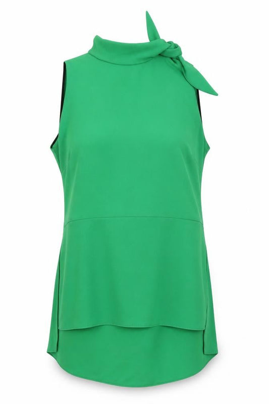 Front view of Zara Woman Green Sleeveless Blouse, Bow Tie Neck, M
