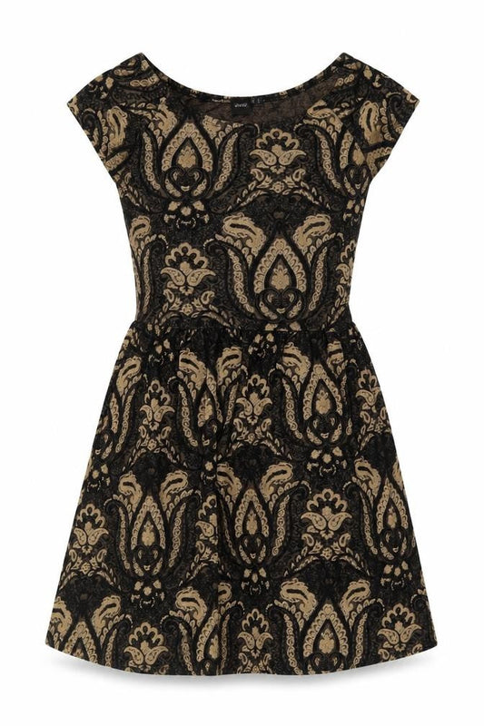 Front view of ASOS Women's Black Beige Paisley A-Line Dress, size 12