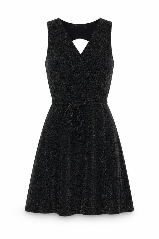 Front view of Dunnes Women's Black Wrap Dress, size 10, Party/Sleeveless