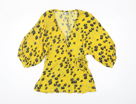 Jigsaw Women's Yellow Floral Wrap Blouse Size 8