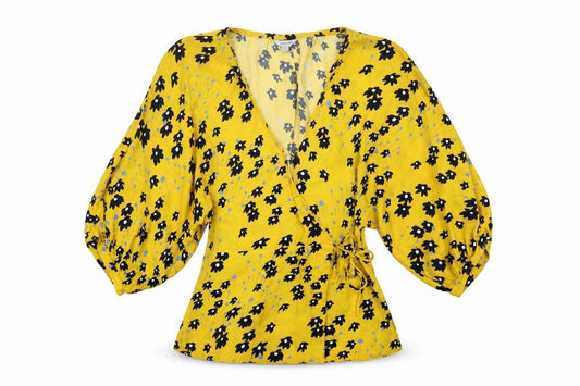 Jigsaw Women's Yellow Floral Wrap Blouse Size 8
