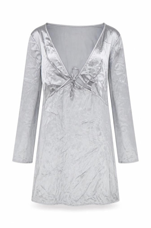 Zara Women's Grey Velvet V-Neck Long Sleeve Dress