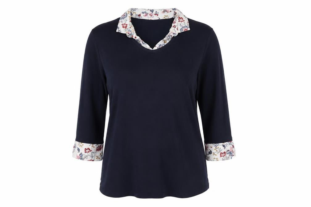 Damart Women's Black Floral Collared Blouse 3/4 Sleeve