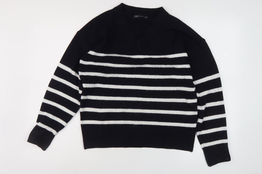 Marks and Spencer Women's Black Striped V-Neck Jumper