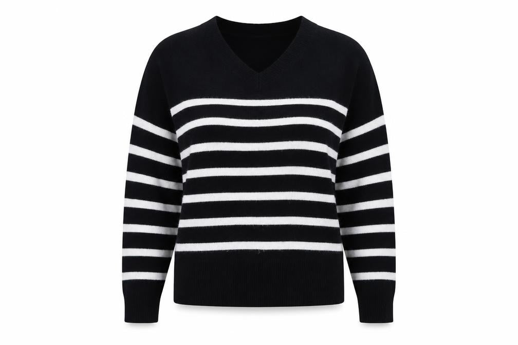Marks & Spencer Women's Black Striped V-Neck Jumper