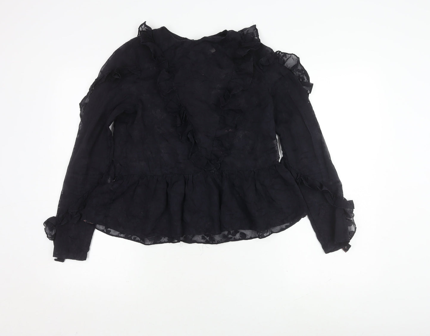 H&M Women's Black Ruffle Sheer Blouse Size 8
