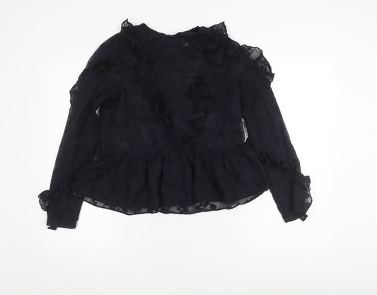 H&M Women's Black Ruffle Sheer Blouse Size 8
