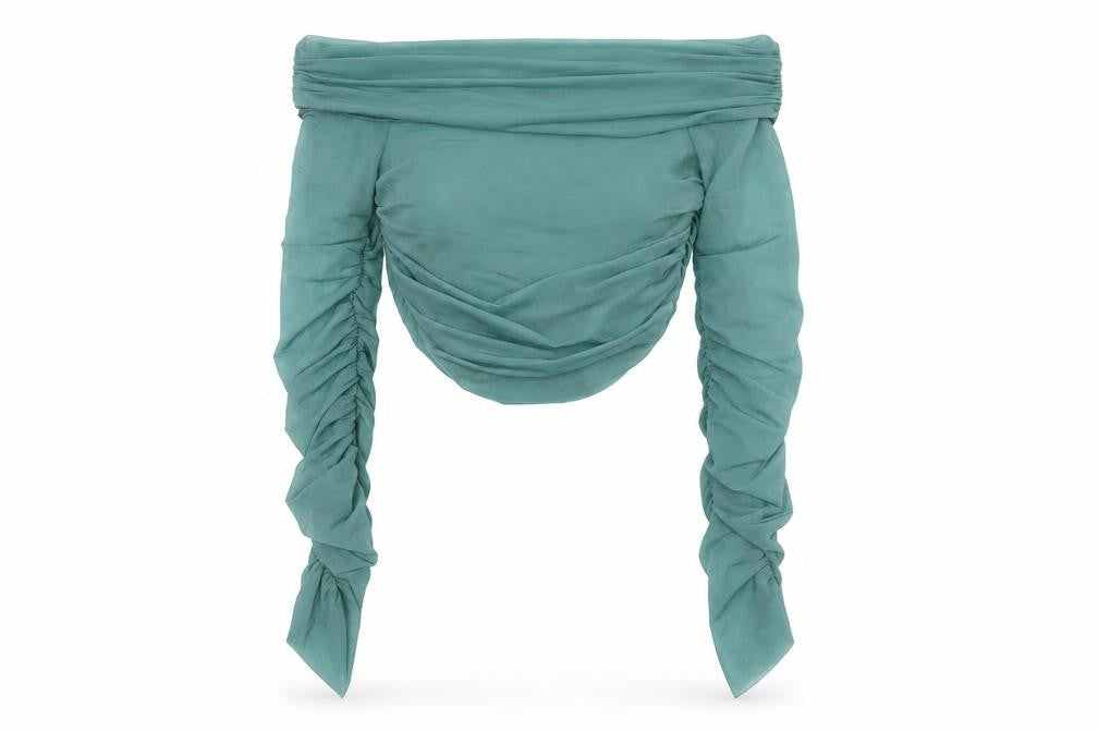 Zara Women’s Green Silk Off the Shoulder Blouse