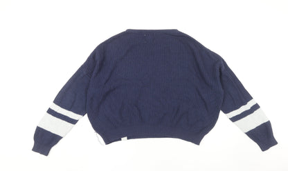 Pull&Bear Women's Blue Striped Pullover Jumper S