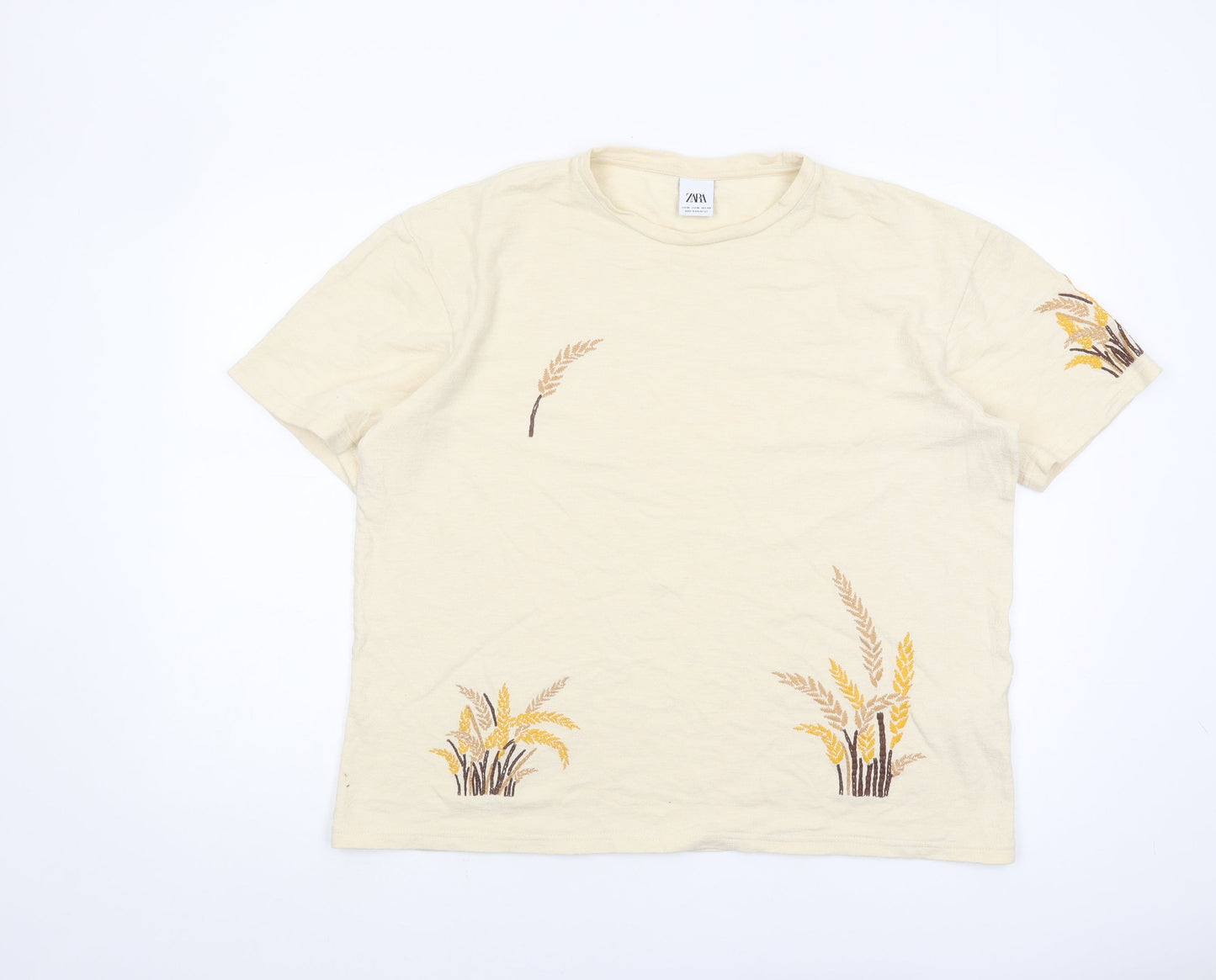 Zara Women's Beige Embroidered T-Shirt, Size 12