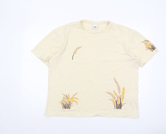 Zara Women's Beige Embroidered T-Shirt, Size 12