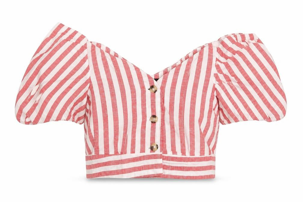 Topshop Women's Red Striped Cropped Puff Sleeve Top