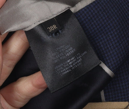Brand and care label for Jaeger Men's Blue Blazer, size 38R, Two-Button Formal Jacket