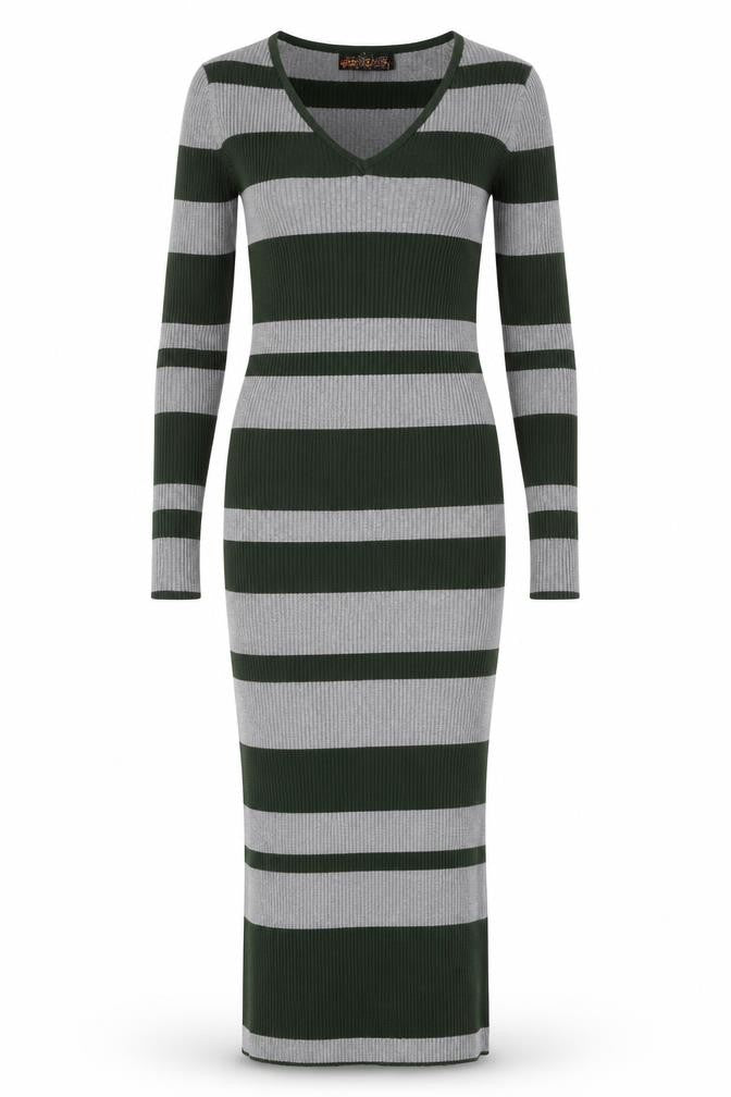 QED London Women's Striped Knit Dress, M, Green & Grey